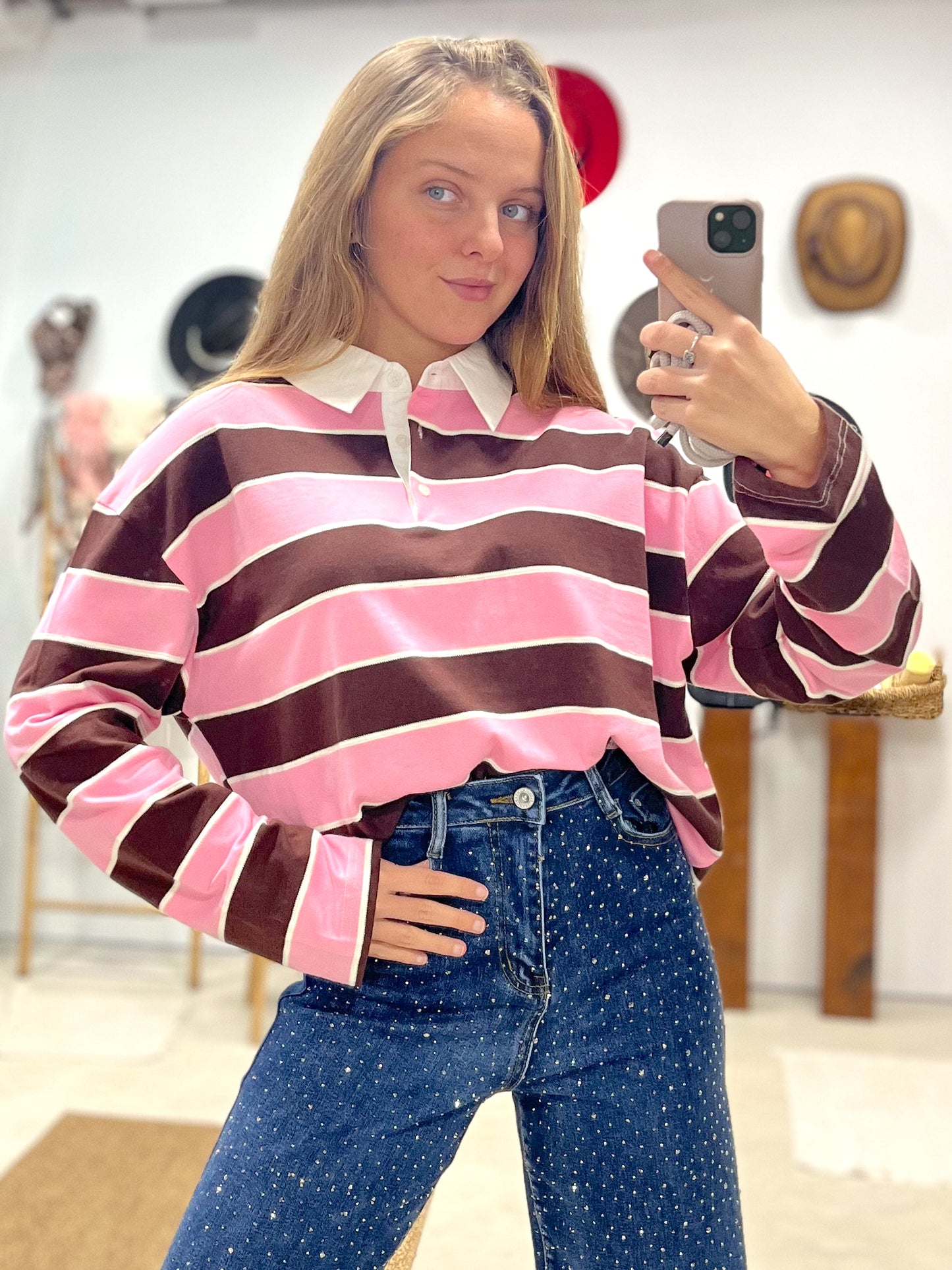 Jersey efecto Camisa rayas rosa y chocolate