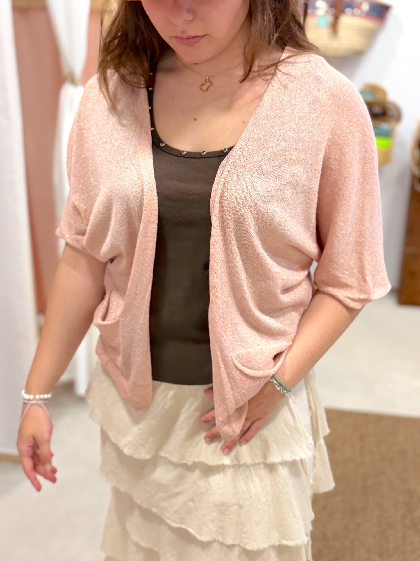 Chaqueta Hilo Rosa Brillo