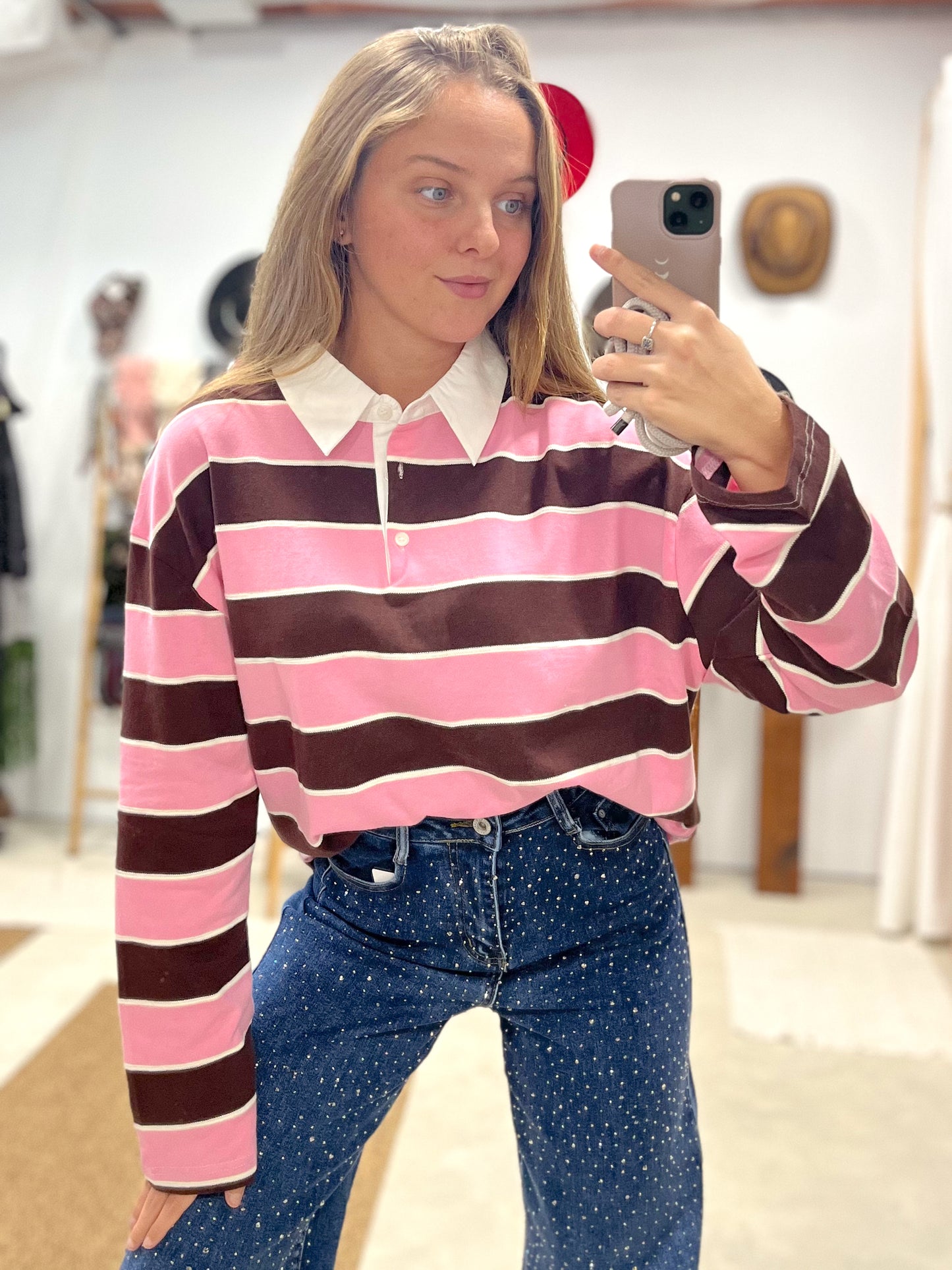 Jersey efecto Camisa rayas rosa y chocolate
